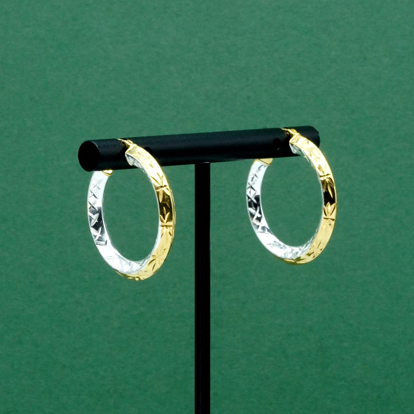 Two tone 925 Sterling Silver & Gold Plated Diamond Cut Pattern Hoops