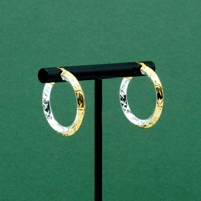 Two tone 925 Sterling Silver & Gold Plated Diamond Cut Pattern Hoops
