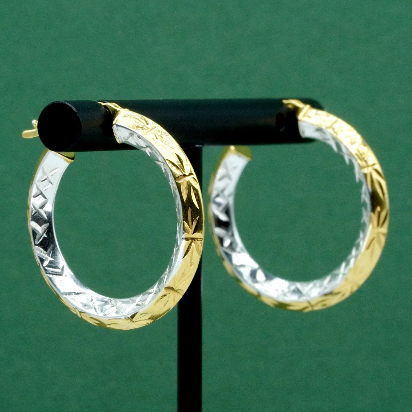 Two tone 925 Sterling Silver & Gold Plated Diamond Cut Pattern Hoops