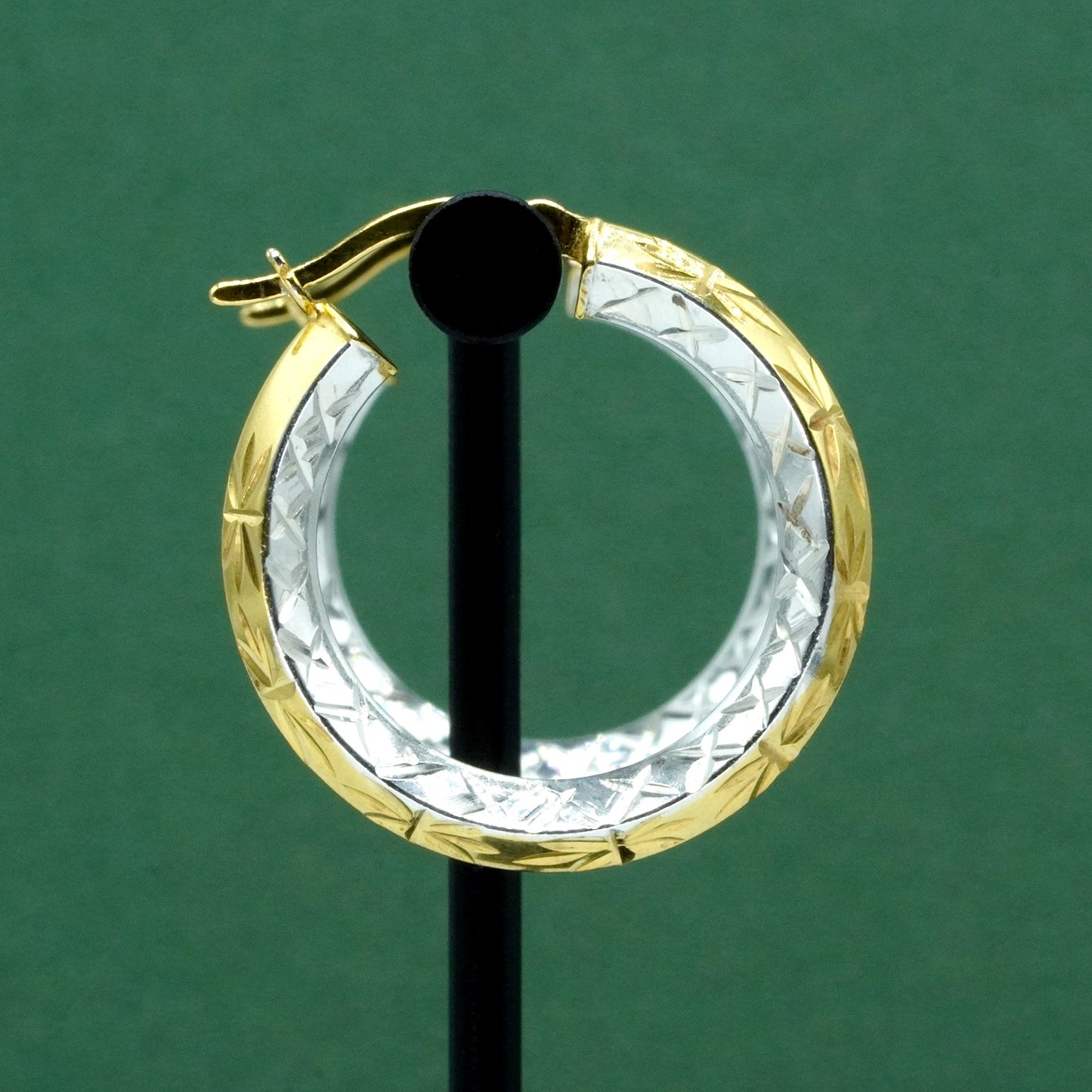 Two tone 925 Sterling Silver & Gold Plated Diamond Cut Pattern Hoops