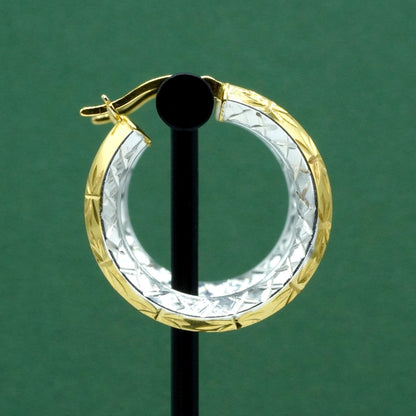 Two tone 925 Sterling Silver & Gold Plated Diamond Cut Pattern Hoops