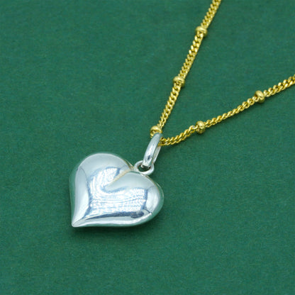925 Sterling Silver Puffed Heart Pendant With 18k Flash Gold Plated Beaded Curb Chain – Valentine’s Day Romantic Gift for Her, Two-Tone Love Jewellery