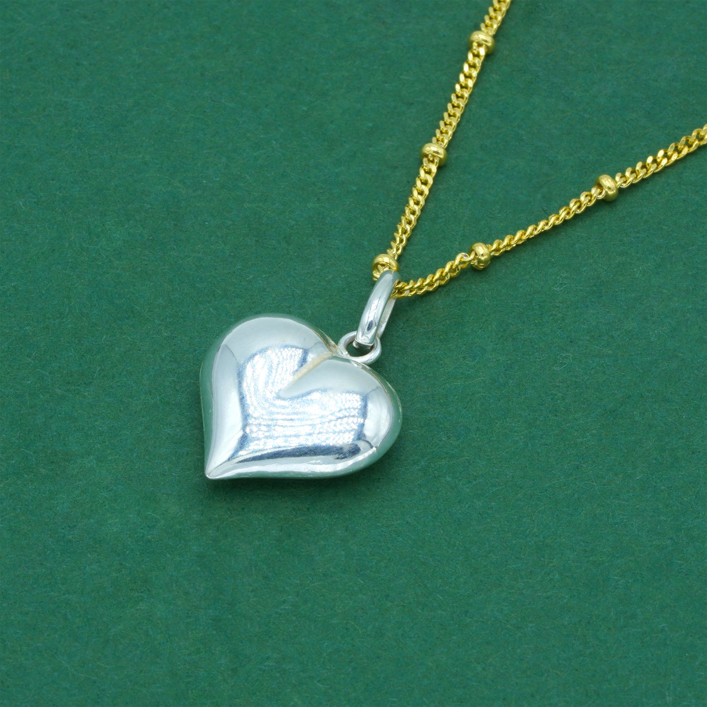 925 Sterling Silver Puffed Heart Pendant With 18k Flash Gold Plated Beaded Curb Chain – Valentine’s Day Romantic Gift for Her, Two-Tone Love Jewellery