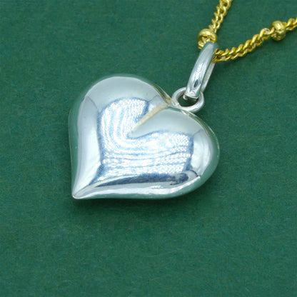 925 Sterling Silver Puffed Heart Pendant With 18k Flash Gold Plated Beaded Curb Chain – Valentine’s Day Romantic Gift for Her, Two-Tone Love Jewellery