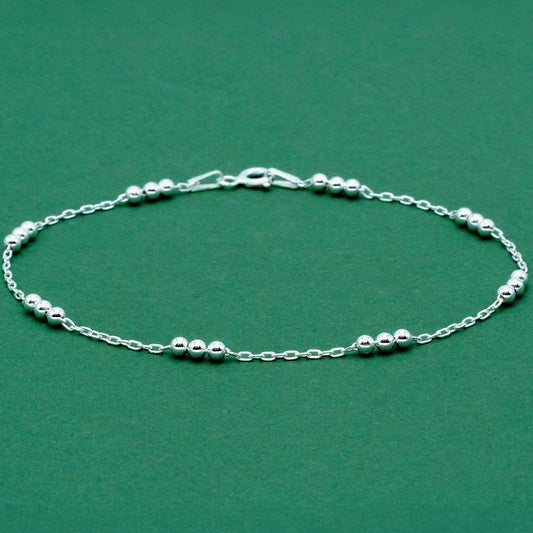 925 Sterling Silver Beaded Anklet, Station Chain Dainty Minimal Silver Anklet, Everyday Layering Jewellery