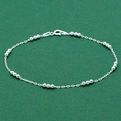 925 Sterling Silver Beaded Anklet, Station Chain Dainty Minimal Silver Anklet, Everyday Layering Jewellery