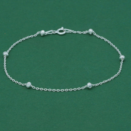 925 Sterling Silver Diamond Cut Beaded Anklet, Satellite Chain Silver Anklet, Minimalist Layering Everyday Foot Jewellery