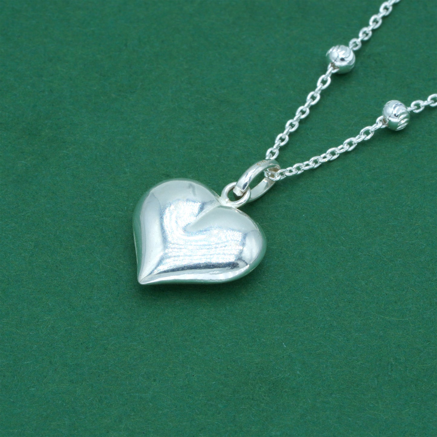 925 Sterling Silver Diamond Cut Anchor & Ball Moon Cut Chain With Puffed Heart Pendant Necklace – Valentine’s Day Romantic Gift for Her