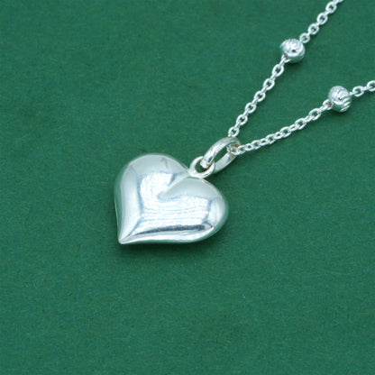 925 Sterling Silver Diamond Cut Anchor & Ball Moon Cut Chain With Puffed Heart Pendant Necklace – Valentine’s Day Romantic Gift for Her