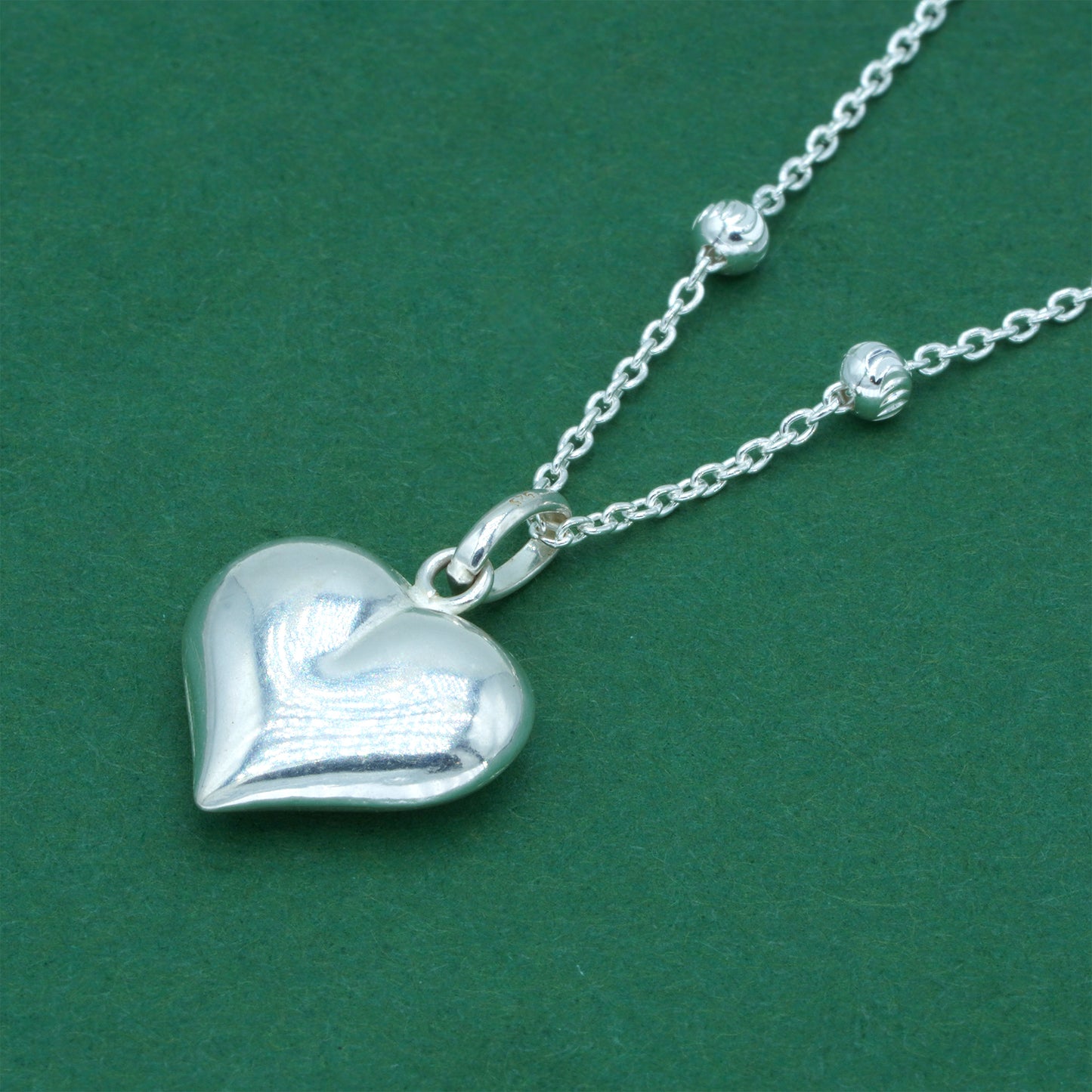 925 Sterling Silver Diamond Cut Anchor & Ball Moon Cut Chain With Puffed Heart Pendant Necklace – Valentine’s Day Romantic Gift for Her