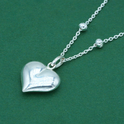 925 Sterling Silver Diamond Cut Anchor & Ball Moon Cut Chain With Puffed Heart Pendant Necklace – Valentine’s Day Romantic Gift for Her
