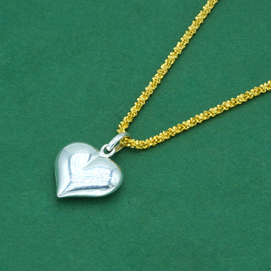 18k Flash Gold Plated Margherita Chain With Puffed Heart Pendant Necklace – Two Tone Silver & Gold Valentine’s Day Romantic Gift for Her