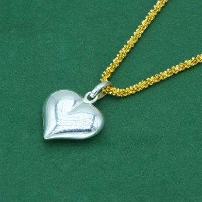 18k Flash Gold Plated Margherita Chain With Puffed Heart Pendant Necklace – Two Tone Silver & Gold Valentine’s Day Romantic Gift for Her