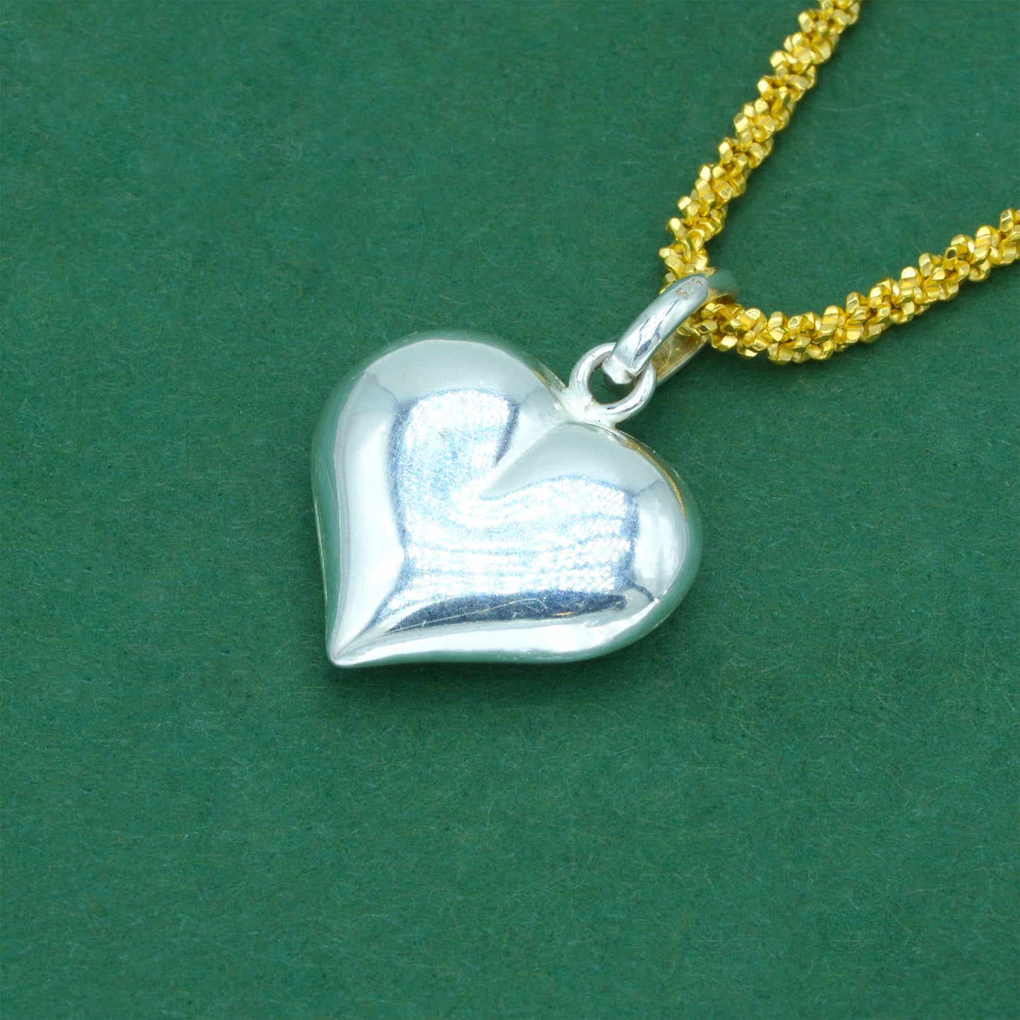18k Flash Gold Plated Margherita Chain With Puffed Heart Pendant Necklace – Two Tone Silver & Gold Valentine’s Day Romantic Gift for Her