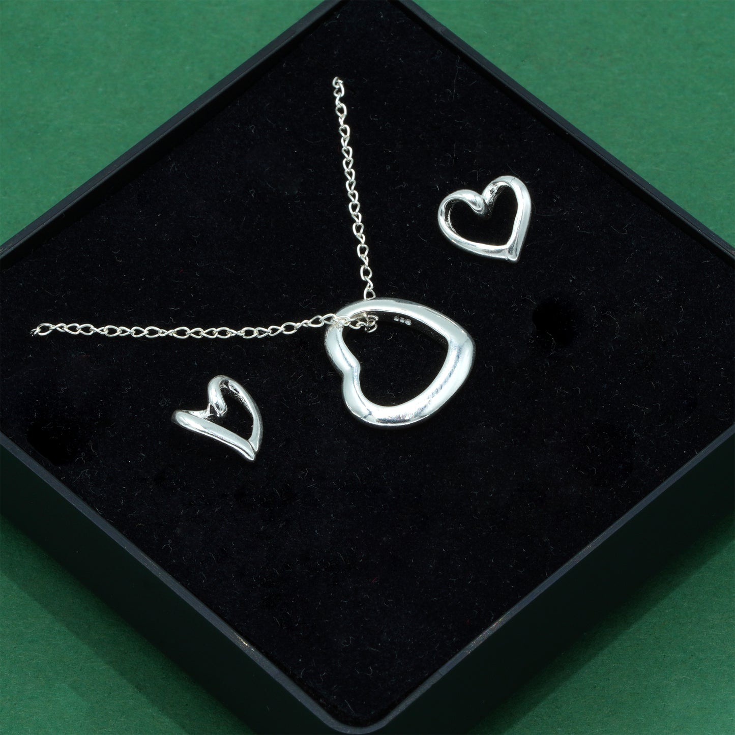 925 Sterling Silver Trace Cable Chain With Open Heart Pendant Necklace & Matching Open Heart Earrings Set, Romantic Jewellery Gift For Her, Supplied In Gift Box
