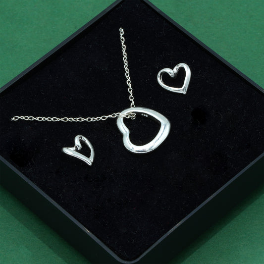 925 Sterling Silver Trace Cable Chain With Open Heart Pendant Necklace & Matching Open Heart Earrings Set, Romantic Jewellery Gift For Her, Supplied In Gift Box