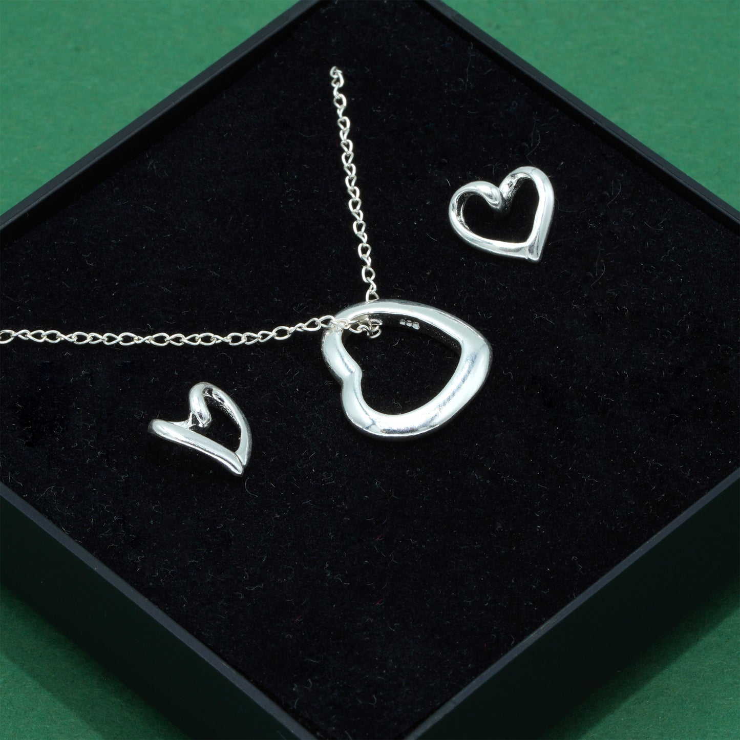 925 Sterling Silver Trace Cable Chain With Open Heart Pendant Necklace & Matching Open Heart Earrings Set, Romantic Jewellery Gift For Her, Supplied In Gift Box