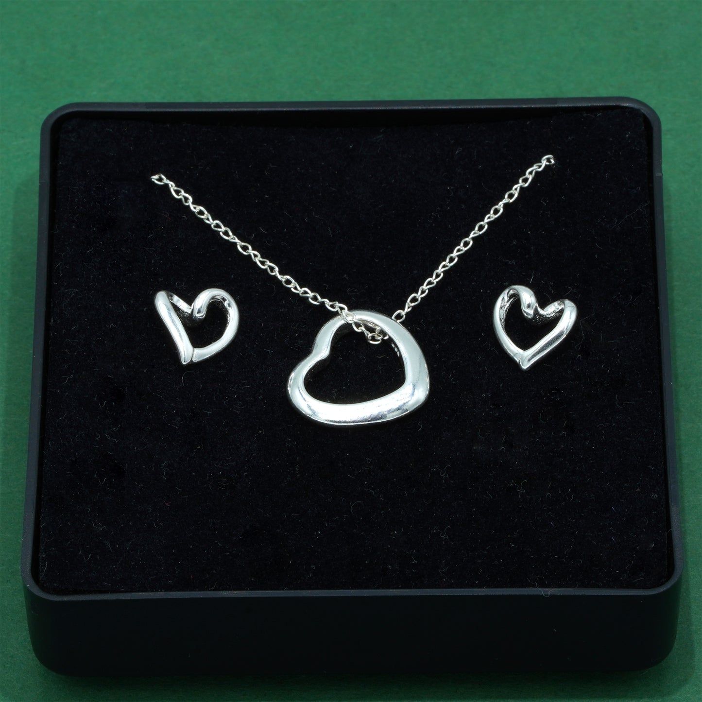 925 Sterling Silver Trace Cable Chain With Open Heart Pendant Necklace & Matching Open Heart Earrings Set, Romantic Jewellery Gift For Her, Supplied In Gift Box