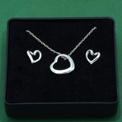 925 Sterling Silver Trace Cable Chain With Open Heart Pendant Necklace & Matching Open Heart Earrings Set, Romantic Jewellery Gift For Her, Supplied In Gift Box