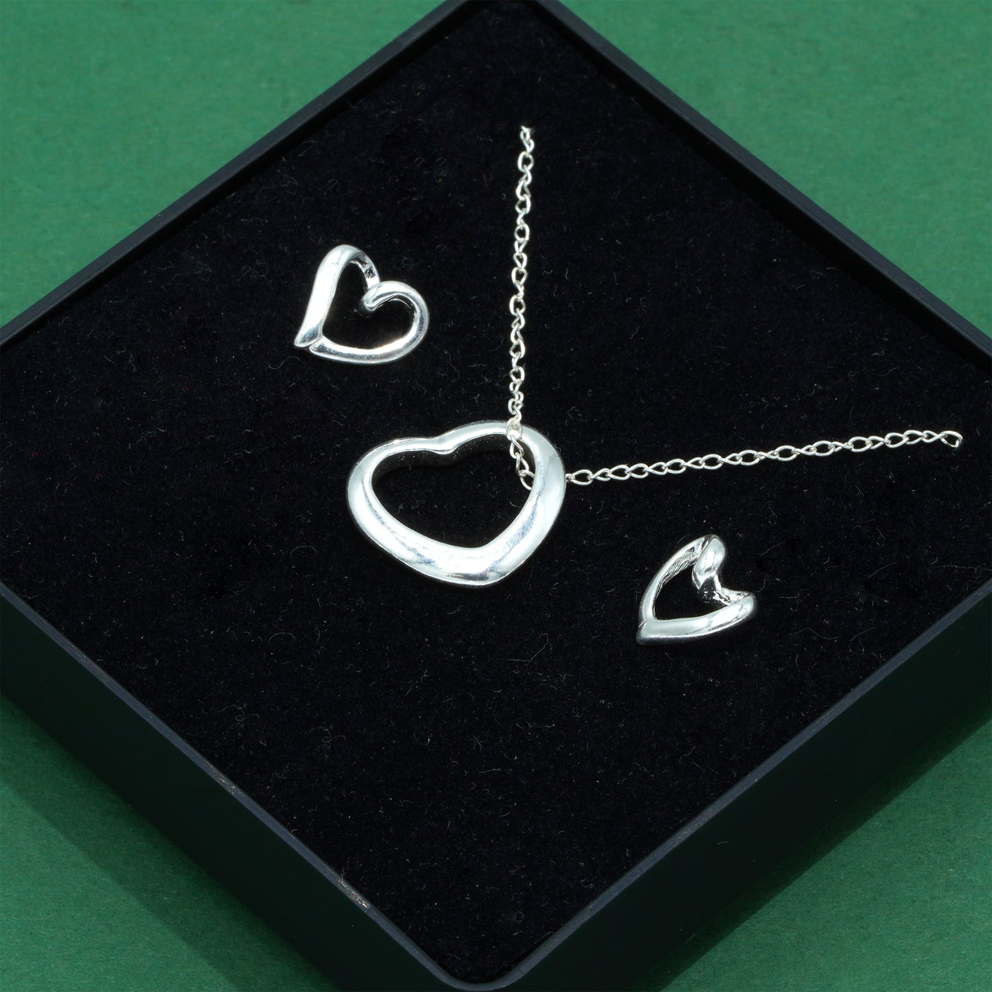 925 Sterling Silver Trace Cable Chain With Open Heart Pendant Necklace & Matching Open Heart Earrings Set, Romantic Jewellery Gift For Her, Supplied In Gift Box