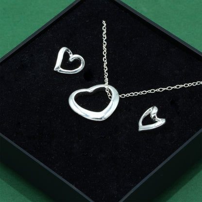 925 Sterling Silver Trace Cable Chain With Open Heart Pendant Necklace & Matching Open Heart Earrings Set, Romantic Jewellery Gift For Her, Supplied In Gift Box