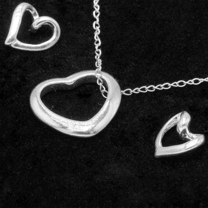 925 Sterling Silver Trace Cable Chain With Open Heart Pendant Necklace & Matching Open Heart Earrings Set, Romantic Jewellery Gift For Her, Supplied In Gift Box
