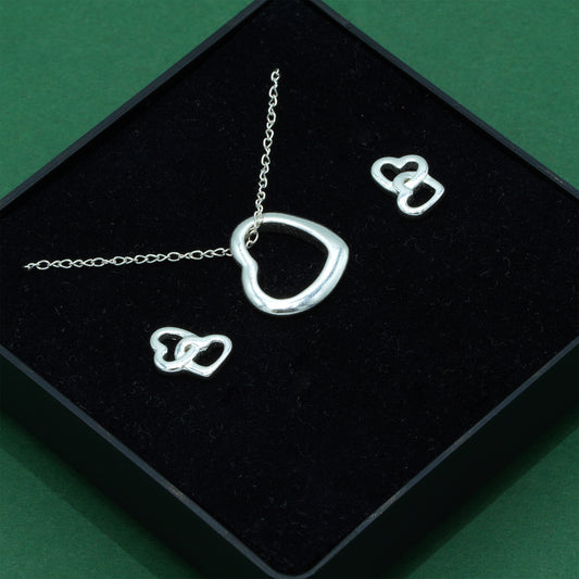 925 Sterling Silver Trace Cable Chain With Open Heart Pendant & Double Open Heart Earrings Set, Romantic Jewellery Gift For Her, Supplied In Gift Box