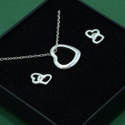 925 Sterling Silver Trace Cable Chain With Open Heart Pendant & Double Open Heart Earrings Set, Romantic Jewellery Gift For Her, Supplied In Gift Box