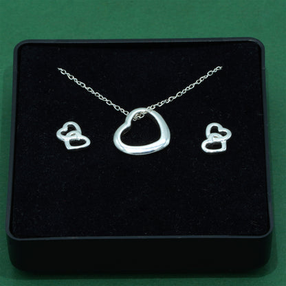 925 Sterling Silver Trace Cable Chain With Open Heart Pendant & Double Open Heart Earrings Set, Romantic Jewellery Gift For Her, Supplied In Gift Box