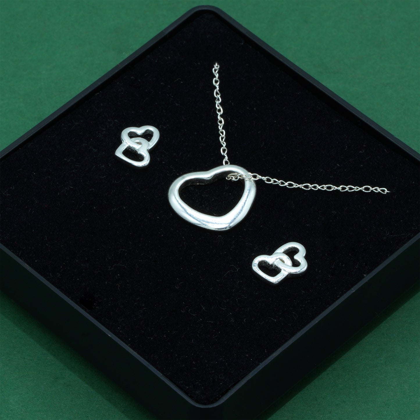 925 Sterling Silver Trace Cable Chain With Open Heart Pendant & Double Open Heart Earrings Set, Romantic Jewellery Gift For Her, Supplied In Gift Box