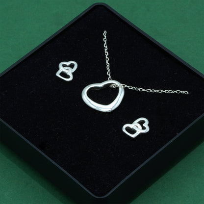 925 Sterling Silver Trace Cable Chain With Open Heart Pendant & Double Open Heart Earrings Set, Romantic Jewellery Gift For Her, Supplied In Gift Box