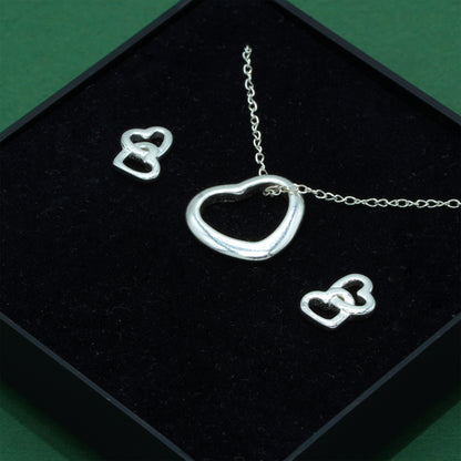 925 Sterling Silver Trace Cable Chain With Open Heart Pendant & Double Open Heart Earrings Set, Romantic Jewellery Gift For Her, Supplied In Gift Box