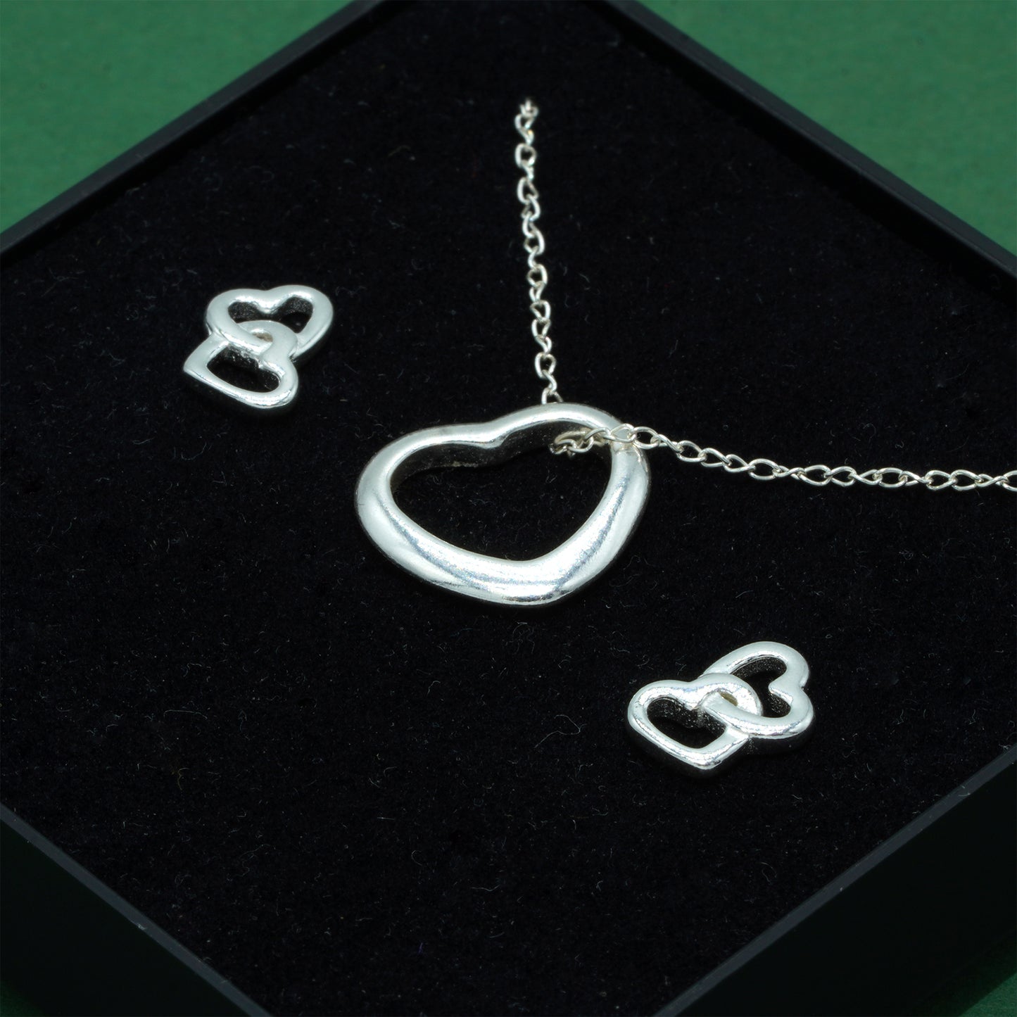 925 Sterling Silver Trace Cable Chain With Open Heart Pendant & Double Open Heart Earrings Set, Romantic Jewellery Gift For Her, Supplied In Gift Box