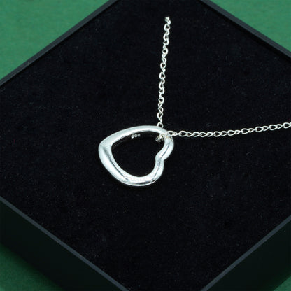 925 Sterling Silver Open Heart Necklace on Trace Cable Chain, Minimalist Love Pendant, Supplied in Gift Box