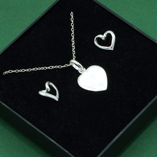 925 Sterling Silver Flat Heart Pendant On Trace Cable Chain With Open Heart Stud Earring Set, Romantic Jewellery Gift for Her, Supplied in Gift Box