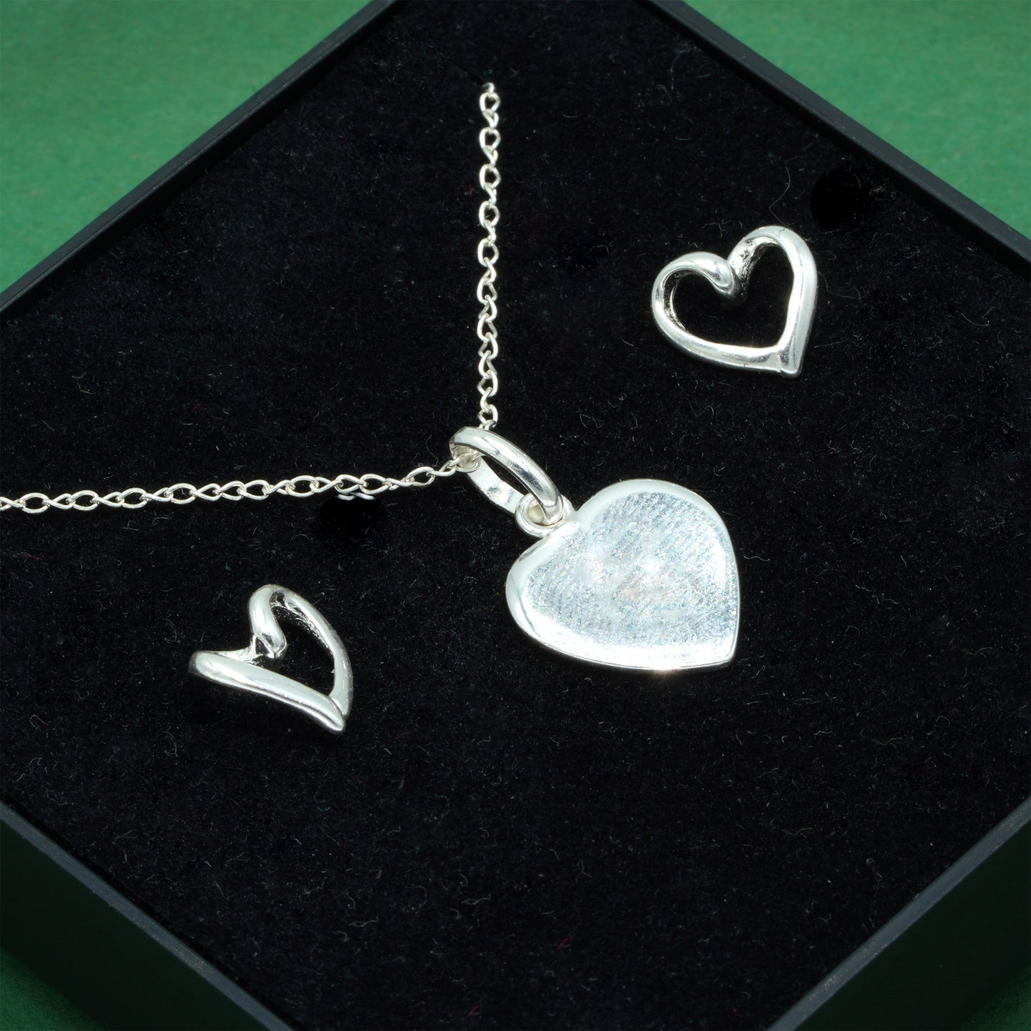 925 Sterling Silver Flat Heart Pendant On Trace Cable Chain With Open Heart Stud Earring Set, Romantic Jewellery Gift for Her, Supplied in Gift Box
