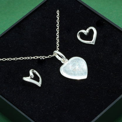925 Sterling Silver Flat Heart Pendant On Trace Cable Chain With Open Heart Stud Earring Set, Romantic Jewellery Gift for Her, Supplied in Gift Box