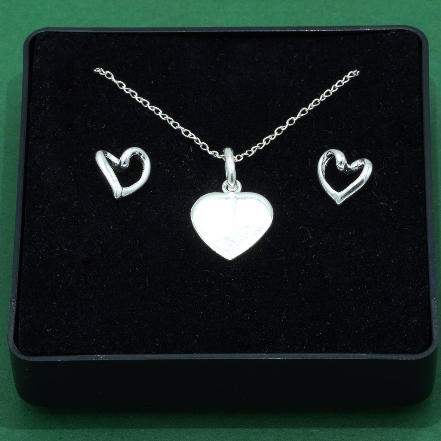 925 Sterling Silver Flat Heart Pendant On Trace Cable Chain With Open Heart Stud Earring Set, Romantic Jewellery Gift for Her, Supplied in Gift Box