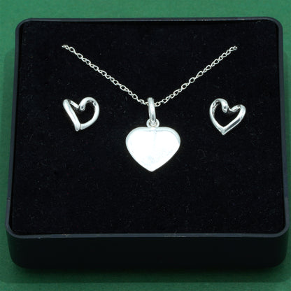 925 Sterling Silver Flat Heart Pendant On Trace Cable Chain With Open Heart Stud Earring Set, Romantic Jewellery Gift for Her, Supplied in Gift Box