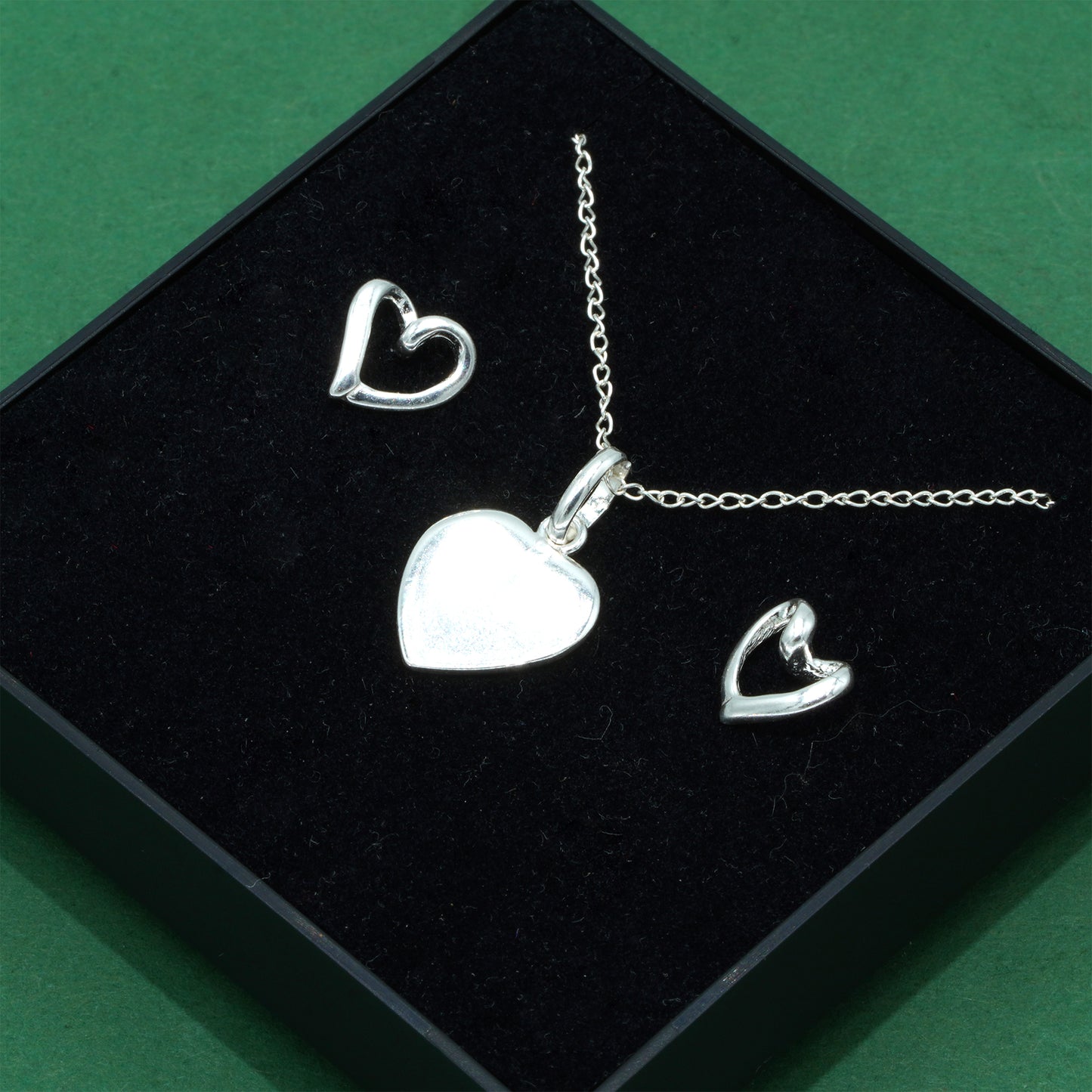 925 Sterling Silver Flat Heart Pendant On Trace Cable Chain With Open Heart Stud Earring Set, Romantic Jewellery Gift for Her, Supplied in Gift Box