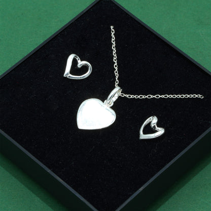 925 Sterling Silver Flat Heart Pendant On Trace Cable Chain With Open Heart Stud Earring Set, Romantic Jewellery Gift for Her, Supplied in Gift Box