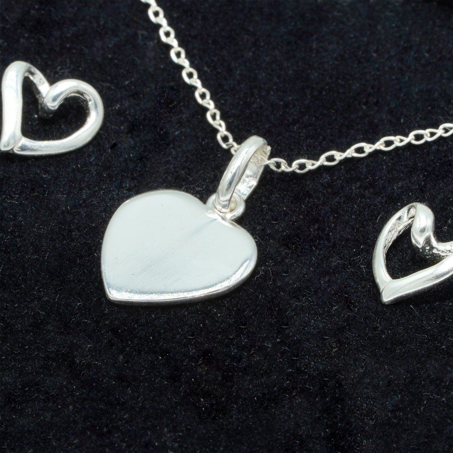 925 Sterling Silver Flat Heart Pendant On Trace Cable Chain With Open Heart Stud Earring Set, Romantic Jewellery Gift for Her, Supplied in Gift Box