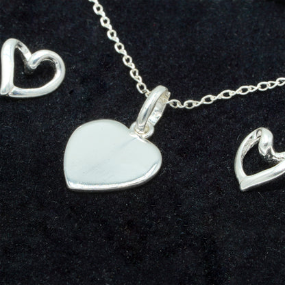 925 Sterling Silver Flat Heart Pendant On Trace Cable Chain With Open Heart Stud Earring Set, Romantic Jewellery Gift for Her, Supplied in Gift Box