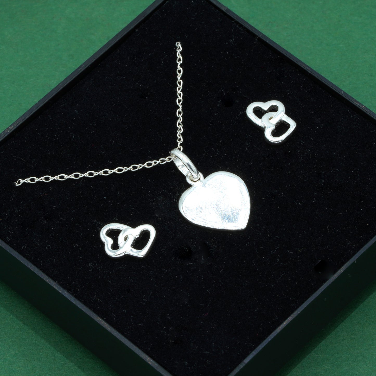925 Sterling Silver Trace Cable Chain With Flat Heart Pendant Necklace & Double Open Heart Stud Earrings Set, Romantic Jewellery Gift for Her, Supplied in Gift Box