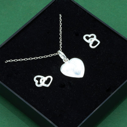 925 Sterling Silver Trace Cable Chain With Flat Heart Pendant Necklace & Double Open Heart Stud Earrings Set, Romantic Jewellery Gift for Her, Supplied in Gift Box