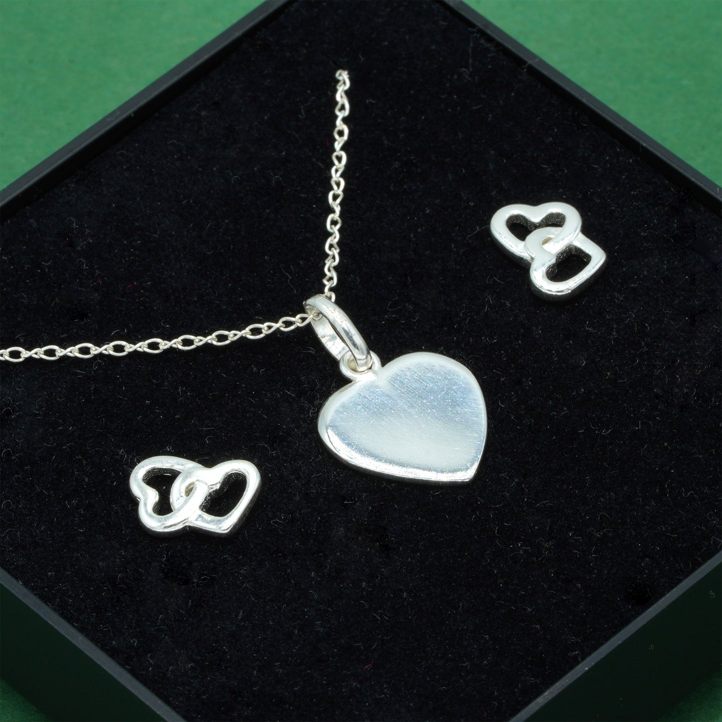 925 Sterling Silver Trace Cable Chain With Flat Heart Pendant Necklace & Double Open Heart Stud Earrings Set, Romantic Jewellery Gift for Her, Supplied in Gift Box