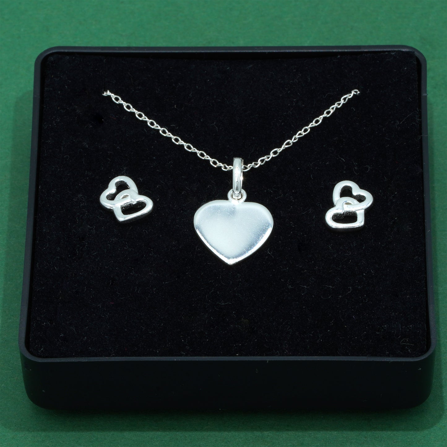 925 Sterling Silver Trace Cable Chain With Flat Heart Pendant Necklace & Double Open Heart Stud Earrings Set, Romantic Jewellery Gift for Her, Supplied in Gift Box