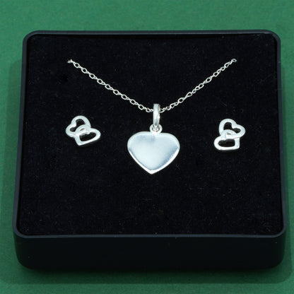 925 Sterling Silver Trace Cable Chain With Flat Heart Pendant Necklace & Double Open Heart Stud Earrings Set, Romantic Jewellery Gift for Her, Supplied in Gift Box