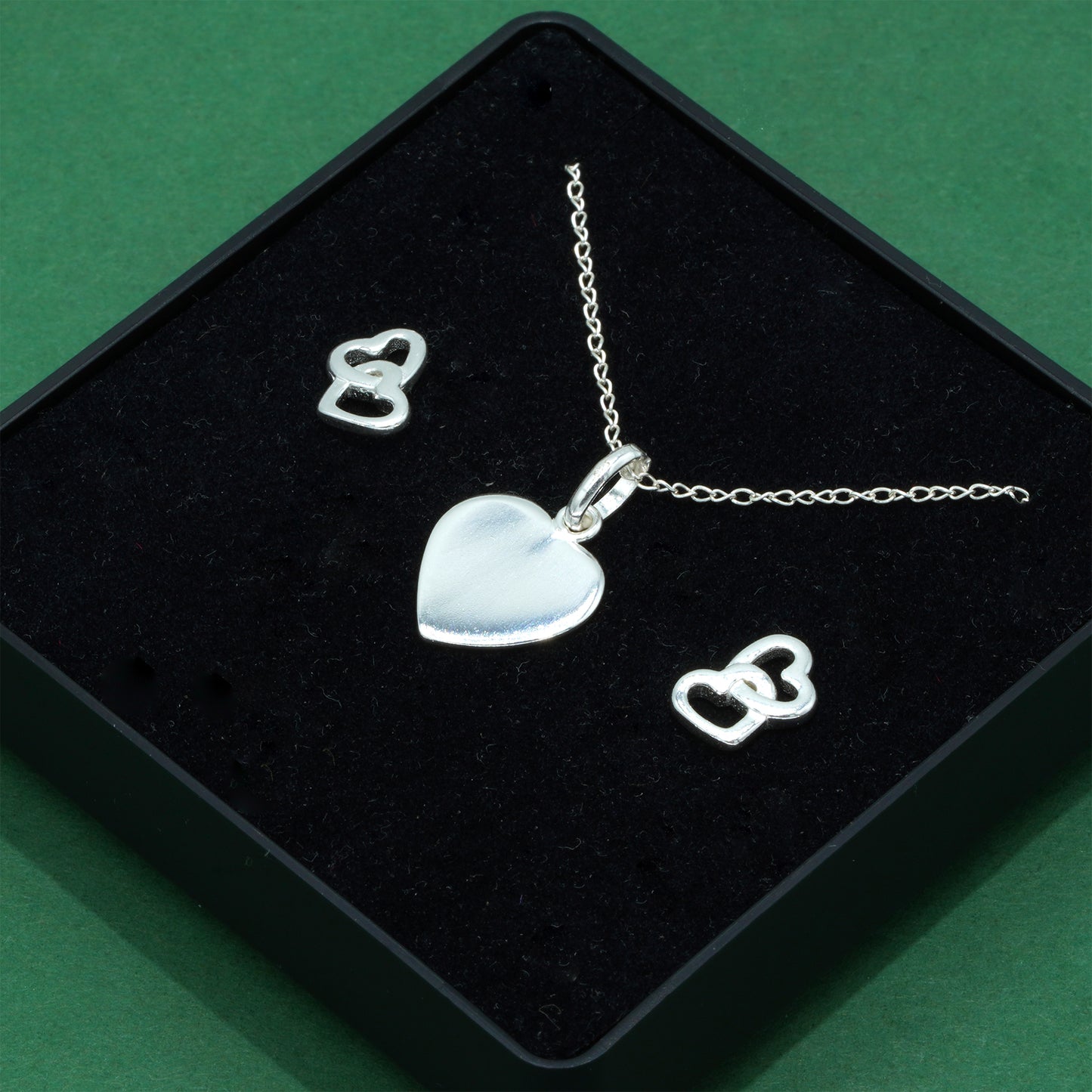 925 Sterling Silver Trace Cable Chain With Flat Heart Pendant Necklace & Double Open Heart Stud Earrings Set, Romantic Jewellery Gift for Her, Supplied in Gift Box