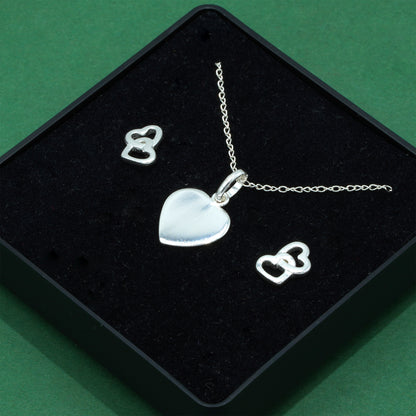 925 Sterling Silver Trace Cable Chain With Flat Heart Pendant Necklace & Double Open Heart Stud Earrings Set, Romantic Jewellery Gift for Her, Supplied in Gift Box